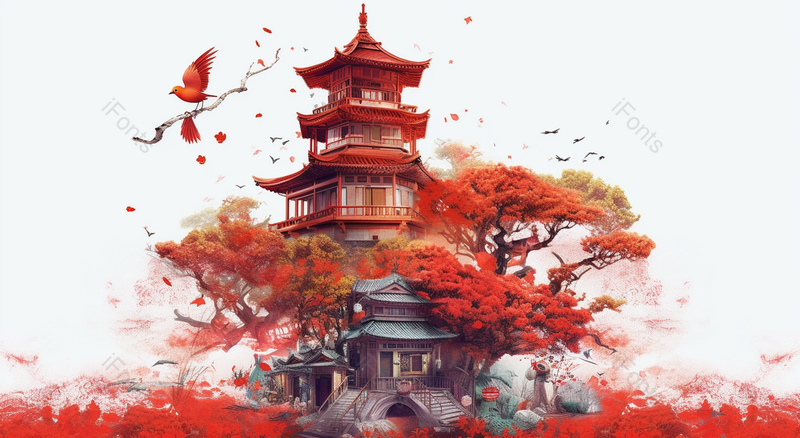 红色枫树古代建筑风景画,插画/手绘图,插画/手绘图库,插画/手绘图下载,插画/手绘